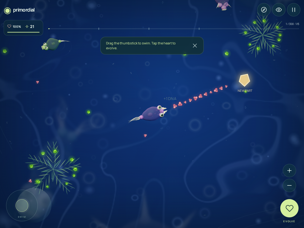Primordial gameplay with a swimming creature and floating food