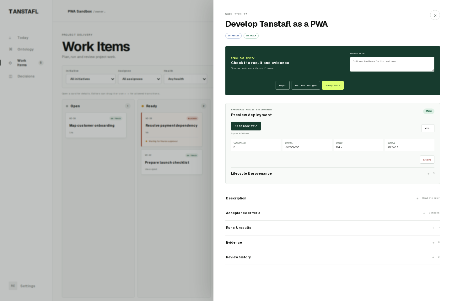 Work item review with acceptance controls, preview deployment and evidence sections