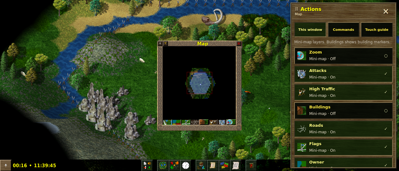 Widelands with its floating touch Actions panel