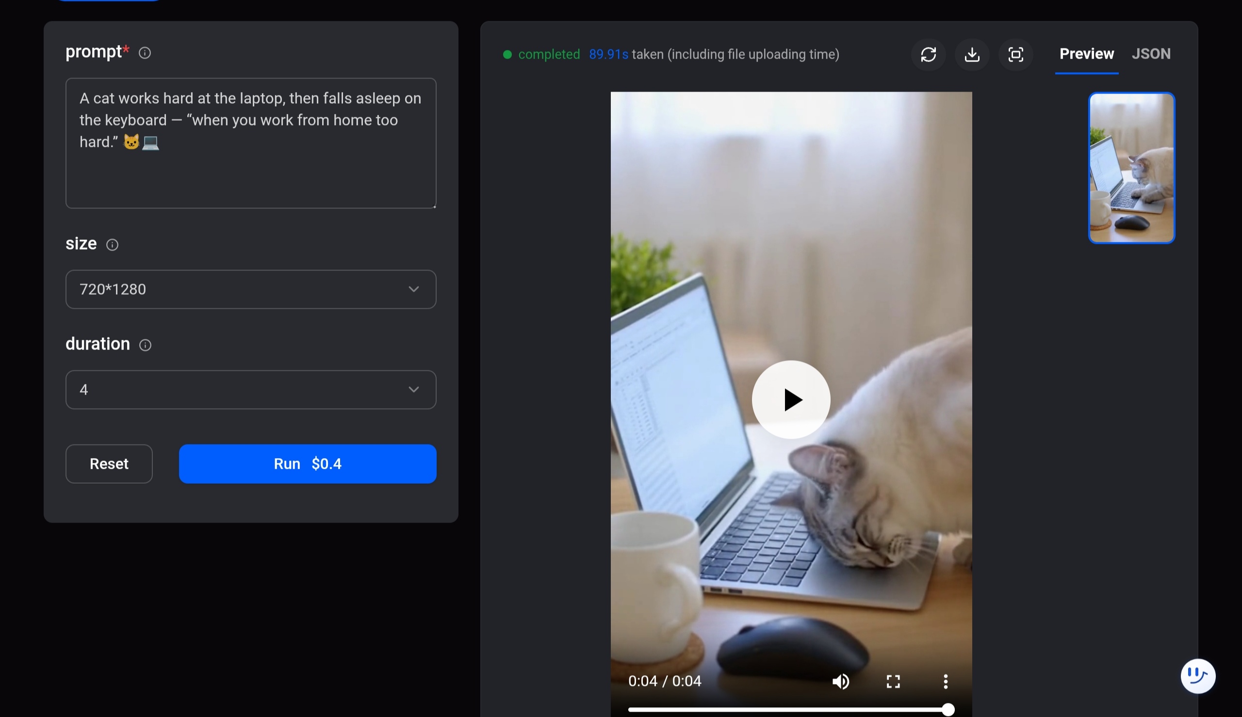 Generated video result in the Wavespeed AI interface