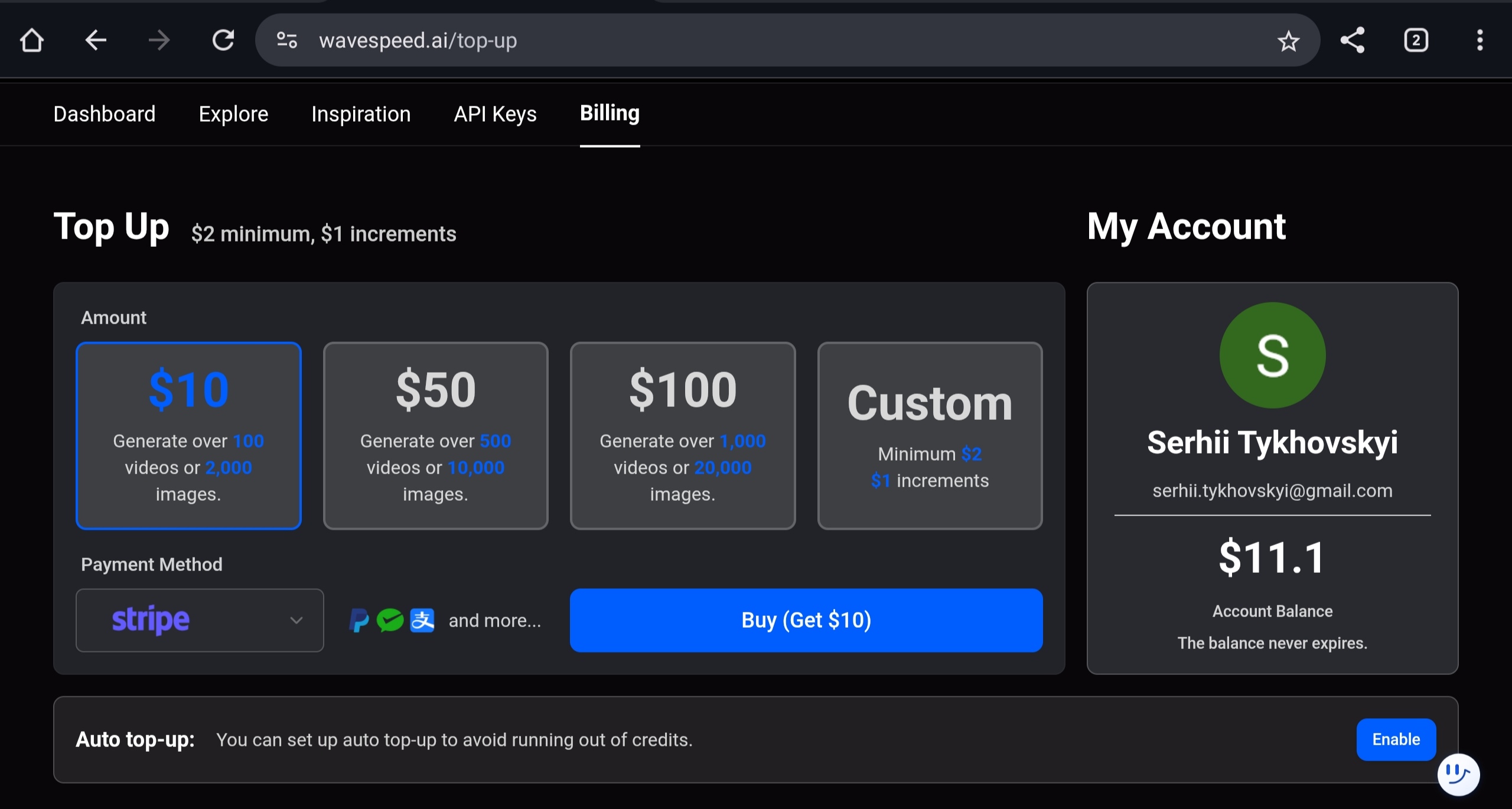 Top-up page for Wavespeed AI